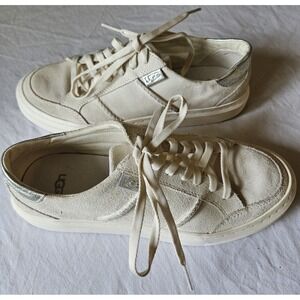 UGG Women's Size 7 Suede Sneakers Cream White Silver Heel Lace Up Casual Shoes